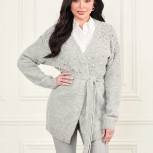 Sibilla Belted Embellished Cardigan - Gray
