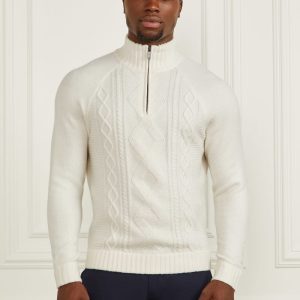 Eco Half-Zip Cable Knit Sweater - White