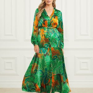 Amazon Leaf Belted Silk Dress - MultipleColors