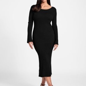 Agathe Ribbed Long-Sleeve Midi Dress - Black