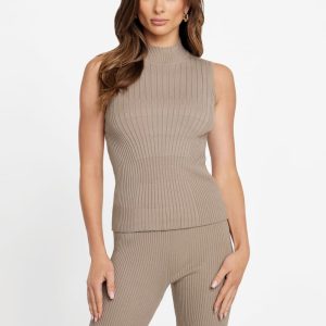 Agathe Mock Neck Sweater Top - Beige