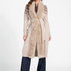 Akilah Faux Fur-Trim Longline Cardigan - Beige