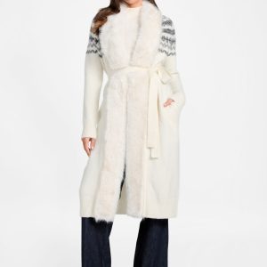 Akilah Faux Fur-Trim Longline Cardigan - White