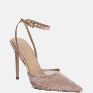 Sequin Ankle Strap Pump - Beige