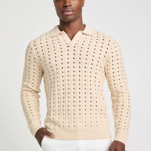 Open-Knit Polo Sweater - Beige