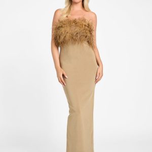 Evita Feather Bandage Gown - Beige