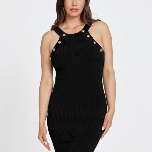 Janet Button Ribbed Sweater Dress - Black