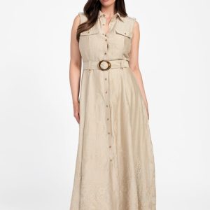 Eco Mindy Embroidered Maxi Shirt Dress - Beige