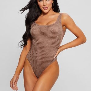 Rhinestone One-Piece Swimsuit - Brown