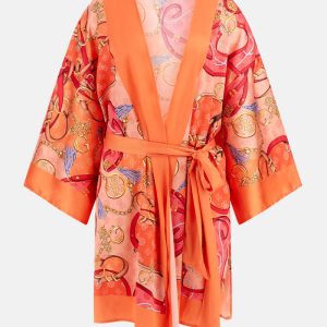 Belted Satin Kimono - Orange