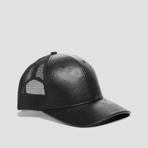 Faux-Leather Peony Trucker Hat - Black