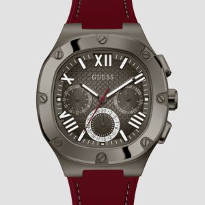Dark Silver-Tone and Burgundy Silicone Multifunction Watch - Gray
