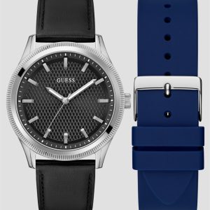 Silver-Tone Analog Leather Watch - Black