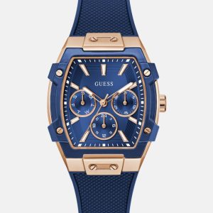 Rose Gold-Tone and Blue Silicone Multifunction Watch - Blue