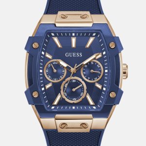 Rose Gold-Tone and Blue Silicone Multifunction Watch - Blue