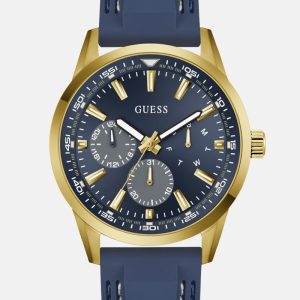 Gold-Tone and Blue Silicone Multifunction Watch - Blue