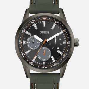 Dark Silver-Tone and Green Silicone Multifunction Watch - Green