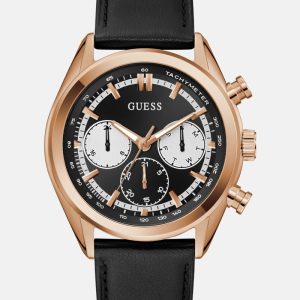 Rose Gold-Tone Multifunction Leather Watch - Black