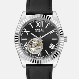 Silver-Tone Analog Leather Watch - Black