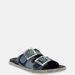 Funzya Embellished Two-Strap Denim Slides - Blue