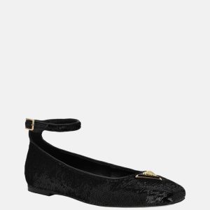 Sequin Ankle Strap Ballet Flats - Black