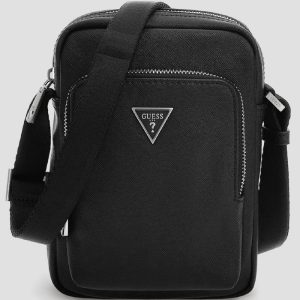 Faux-Leather Saffiano Crossbody - Black