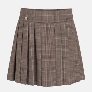 Pleated Plaid Mini Skirt (7-16) - Brown
