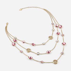 Gold-Tone and Colored Stone Layered Necklace - Pink