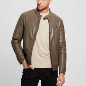 Faux-Leather Biker Jacket - Brown