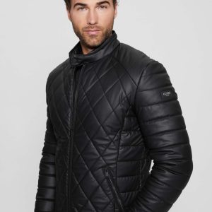 Diamond Quilted Faux-Leather Jacket - Black