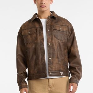 GUESS Originals Faux-Leather Trucker Jacket - Brown