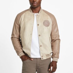 Eco Faux-Suede and Leather Varsity Jacket - Beige