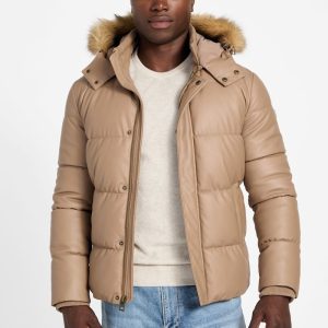 Eco Faux-Leather Puffer Jacket - Brown