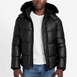 Eco Faux-Leather Puffer Jacket - Black