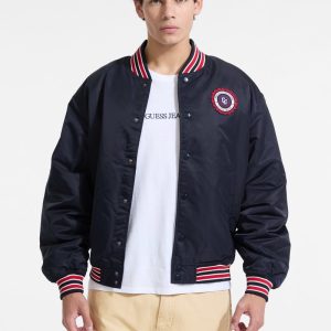 Embroidered Patch Varsity Jacket - Blue