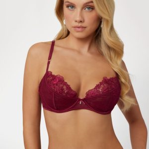 Rebecca Floral Lace Balcony Bra - Red