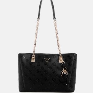 Tisha Debossed Peony Large Girlfriend Satchel - Black