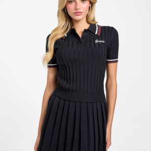 Sabina Ribbed Polo Sweater Top - Blue