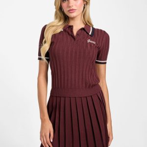 Sabina Ribbed Polo Sweater Top - Purple