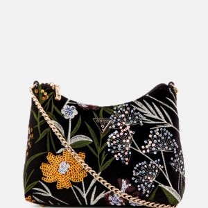 Zalina Velvet Sequin Floral Shoulder Bag - Black