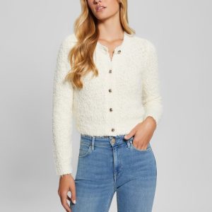 Ume Boucle Feathered Cardigan - White