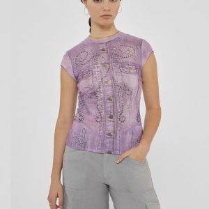 GUESS Originals Printed Stud and Denim Mesh Top - Purple