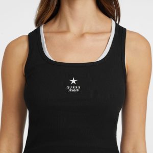 Slim Embroidered Star Tank - Black