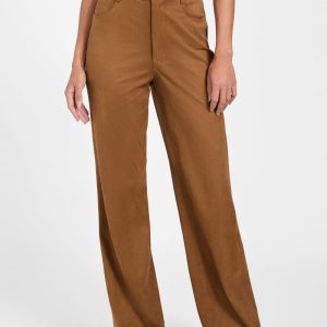 Aria Faux-Suede High-Rise Straight Pants - Brown