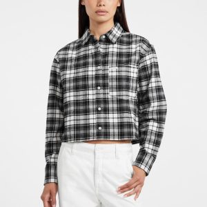 Boxy Crop Plaid Pocket Shirt - Black