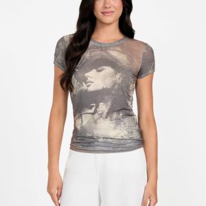 Nostalgia Rhinestone Burnout Tee - Brown
