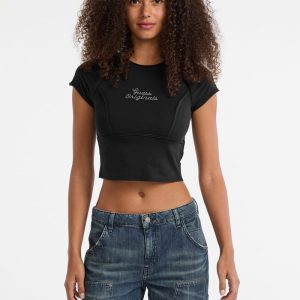 GUESS Originals Eco Raw Edge Rhinestone Tee - Black