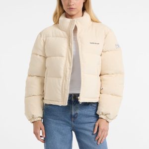 Corduroy Crop Puffer Jacket - Beige