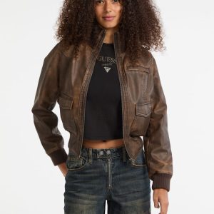 GUESS Originals Faux-Leather Aviator Jacket - Brown