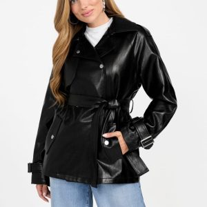 Marika Faux-Leather Short Trench Coat - Black